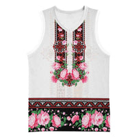 Red Romanian National Costume Basketball Jersey Peony Flowers Traditional Folk Pattern - Wonder Print Shop