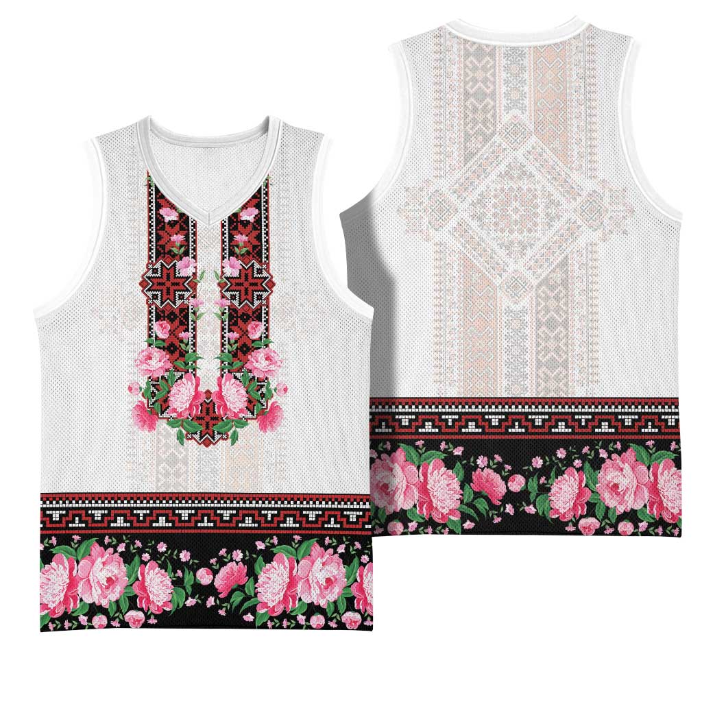 Red Romanian National Costume Basketball Jersey Peony Flowers Traditional Folk Pattern - Wonder Print Shop