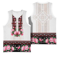 Red Romanian National Costume Basketball Jersey Peony Flowers Traditional Folk Pattern - Wonder Print Shop