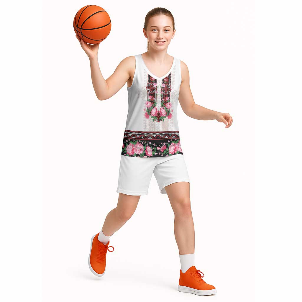 Red Romanian National Costume Basketball Jersey Peony Flowers Traditional Folk Pattern - Wonder Print Shop
