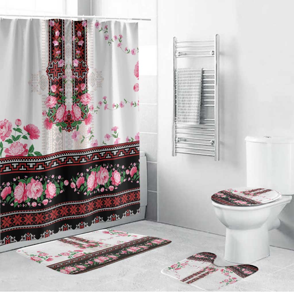 Red Romanian National Costume Bathroom Set Peony Flowers Traditional Folk Pattern - Wonder Print Shop