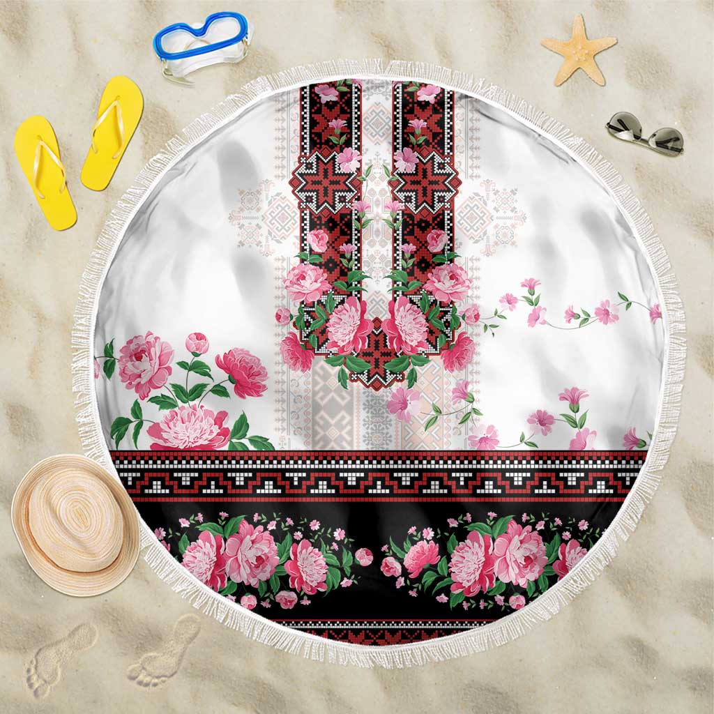 Red Romanian National Costume Beach Blanket Peony Flowers Traditional Folk Pattern - Wonder Print Shop