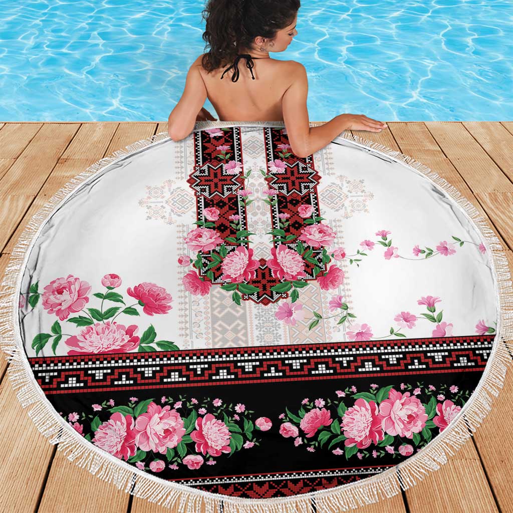 Red Romanian National Costume Beach Blanket Peony Flowers Traditional Folk Pattern - Wonder Print Shop