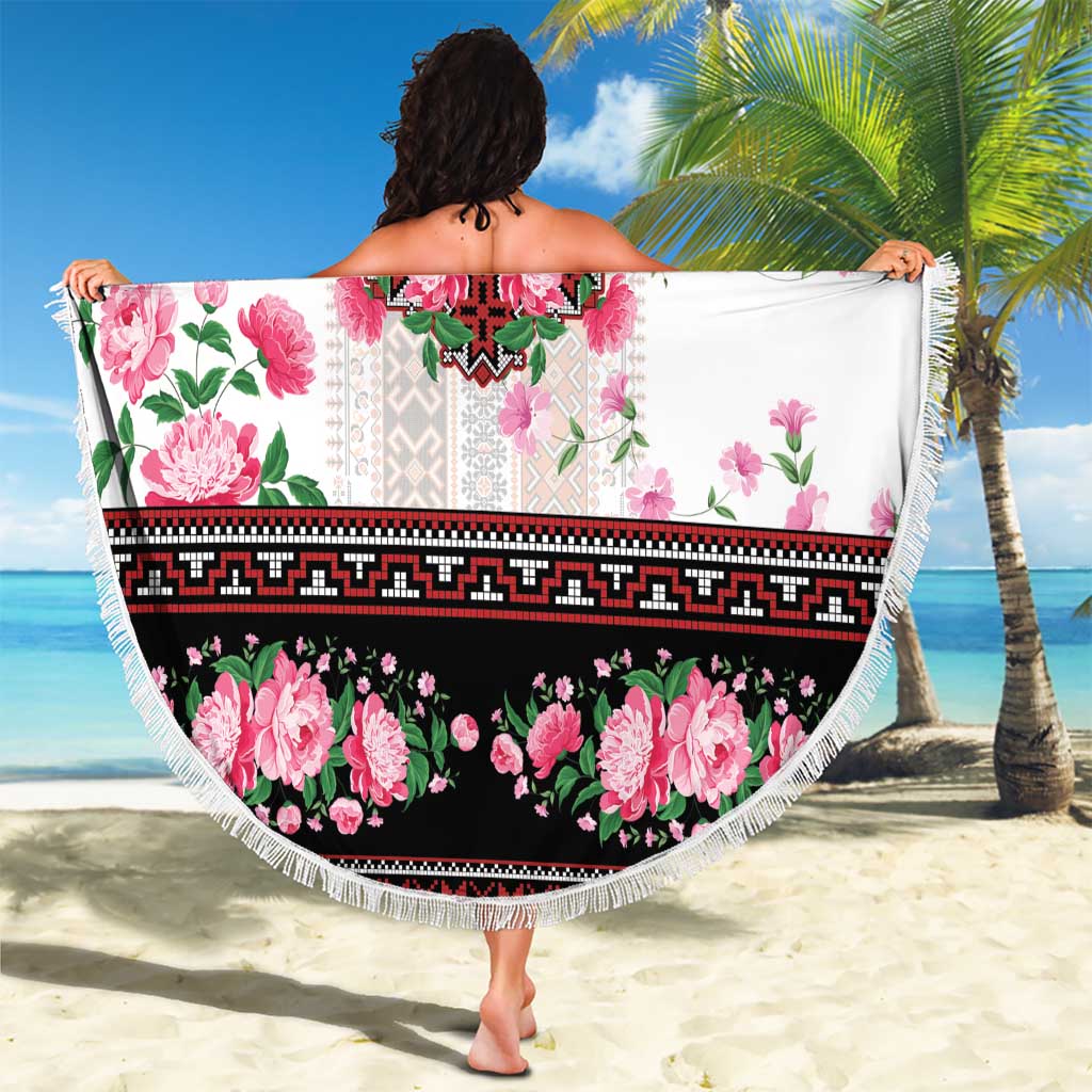 Red Romanian National Costume Beach Blanket Peony Flowers Traditional Folk Pattern - Wonder Print Shop
