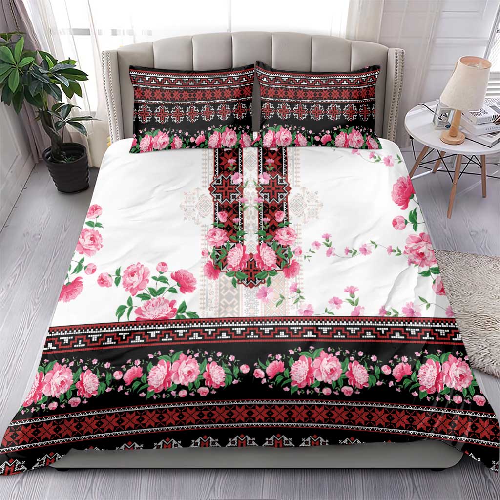 Red Romanian National Costume Bedding Set Peony Flowers Traditional Folk Pattern - Wonder Print Shop