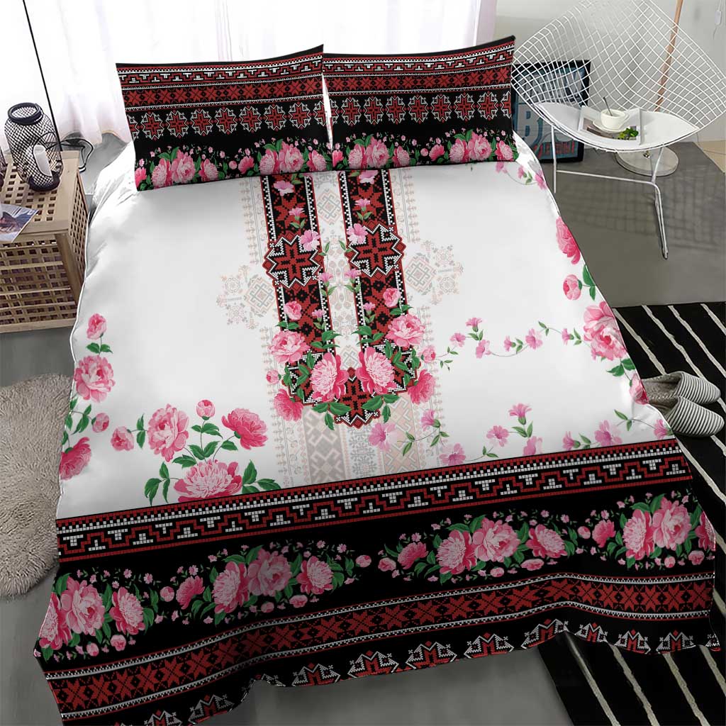 Red Romanian National Costume Bedding Set Peony Flowers Traditional Folk Pattern - Wonder Print Shop