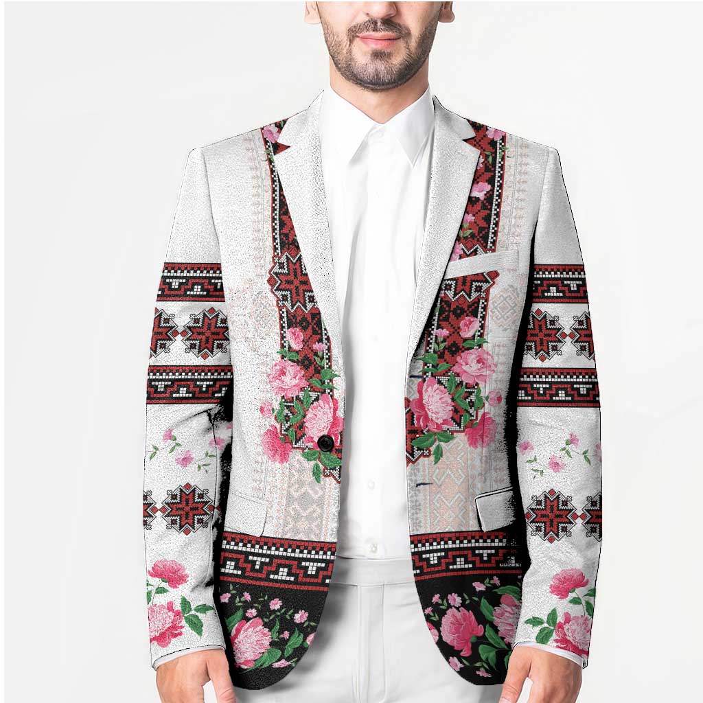 Red Romanian National Costume Blazer Peony Flowers Traditional Folk Pattern - Wonder Print Shop