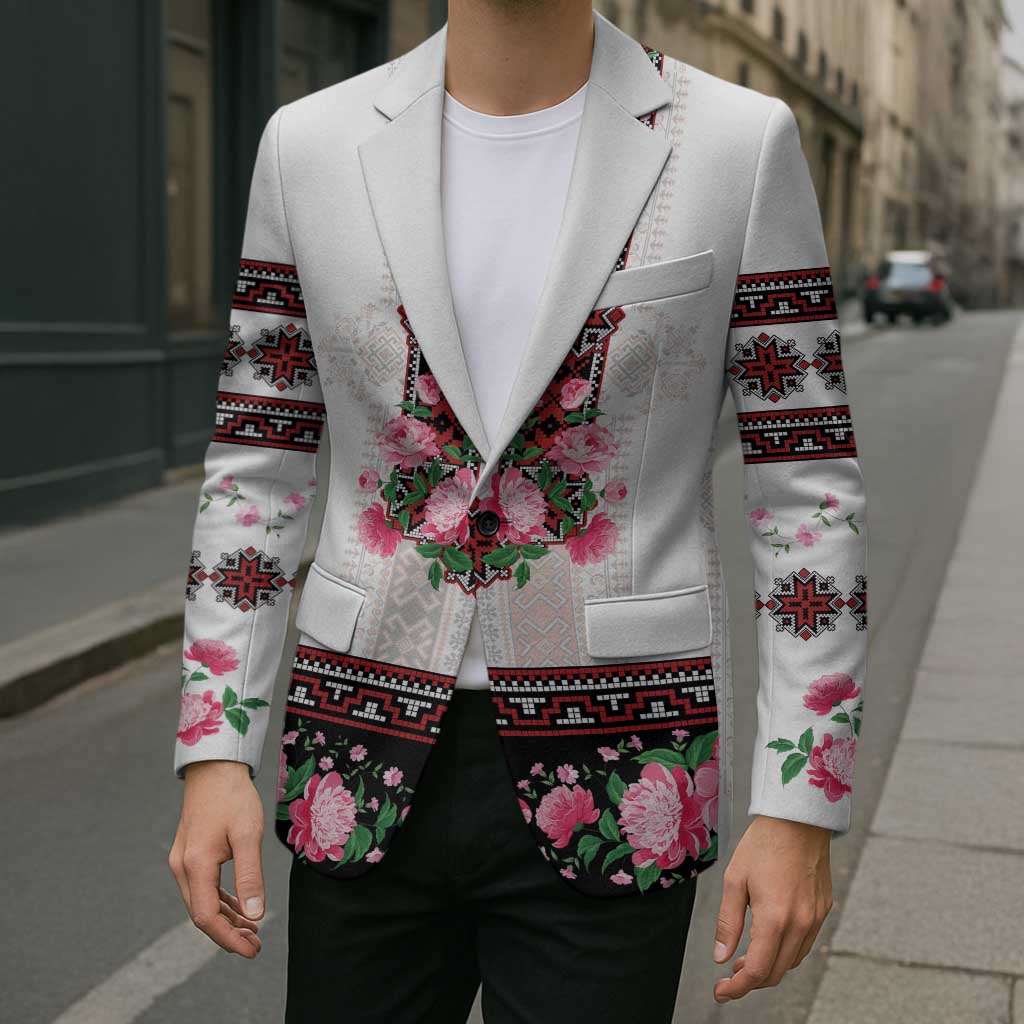 Red Romanian National Costume Blazer Peony Flowers Traditional Folk Pattern - Wonder Print Shop