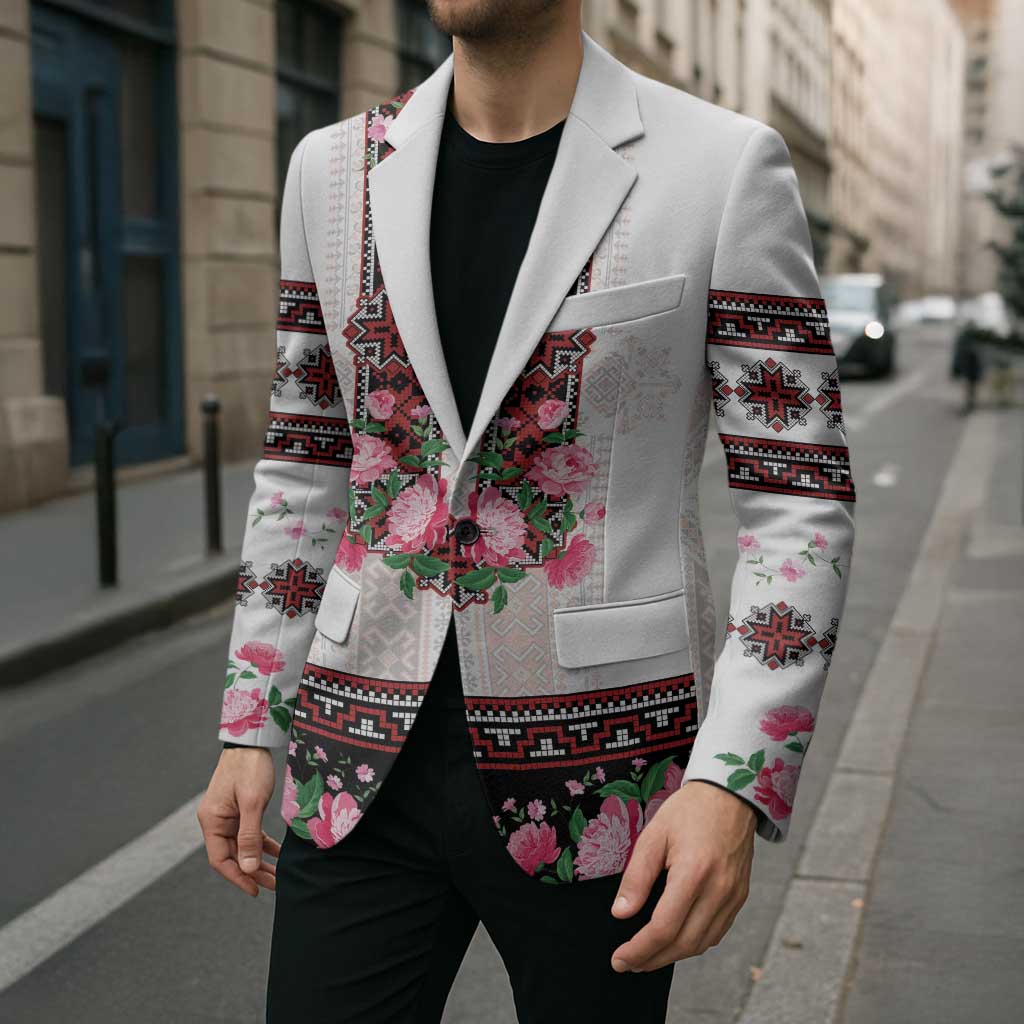 Red Romanian National Costume Blazer Peony Flowers Traditional Folk Pattern - Wonder Print Shop