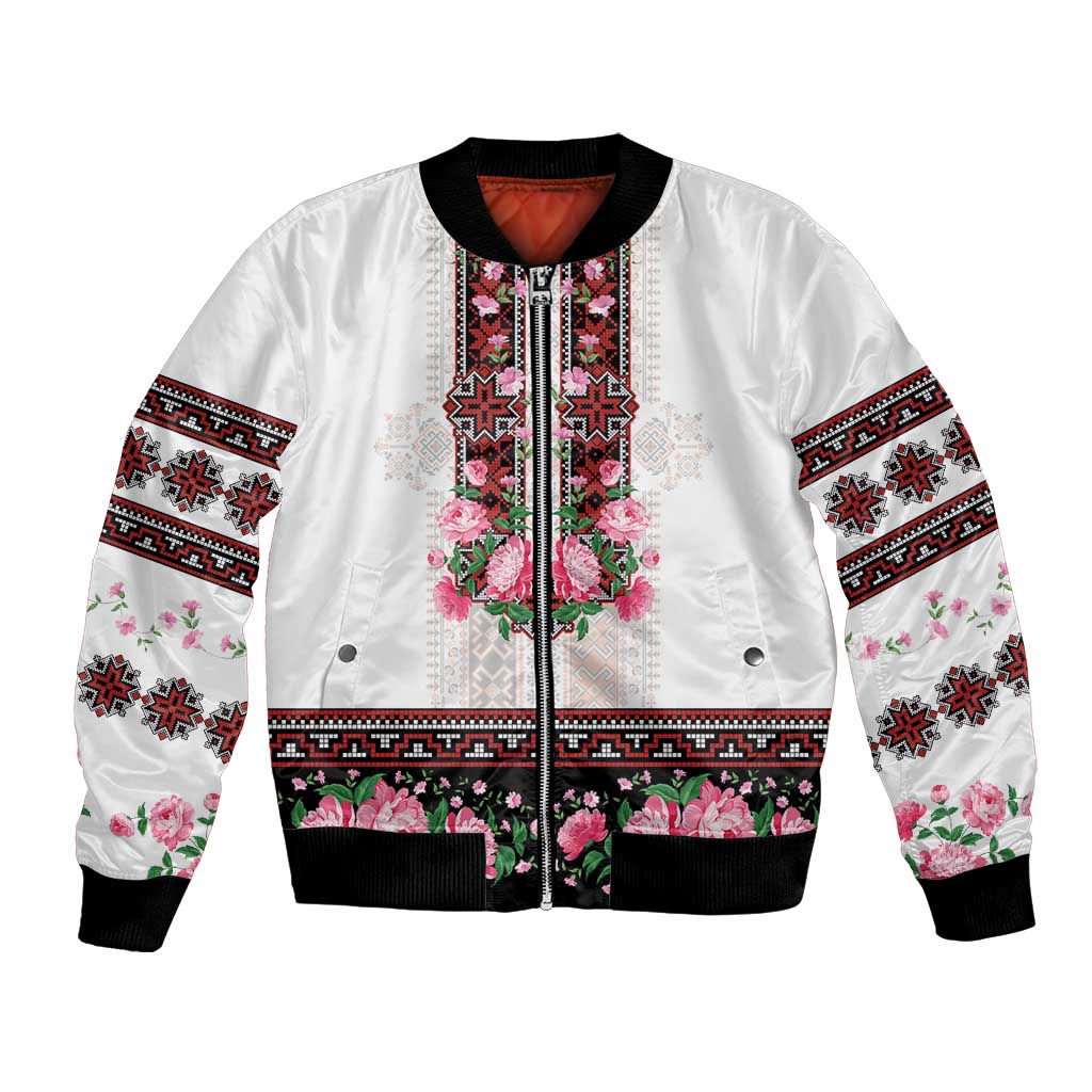 Red Romanian National Costume Bomber Jacket Peony Flowers Traditional Folk Pattern - Wonder Print Shop
