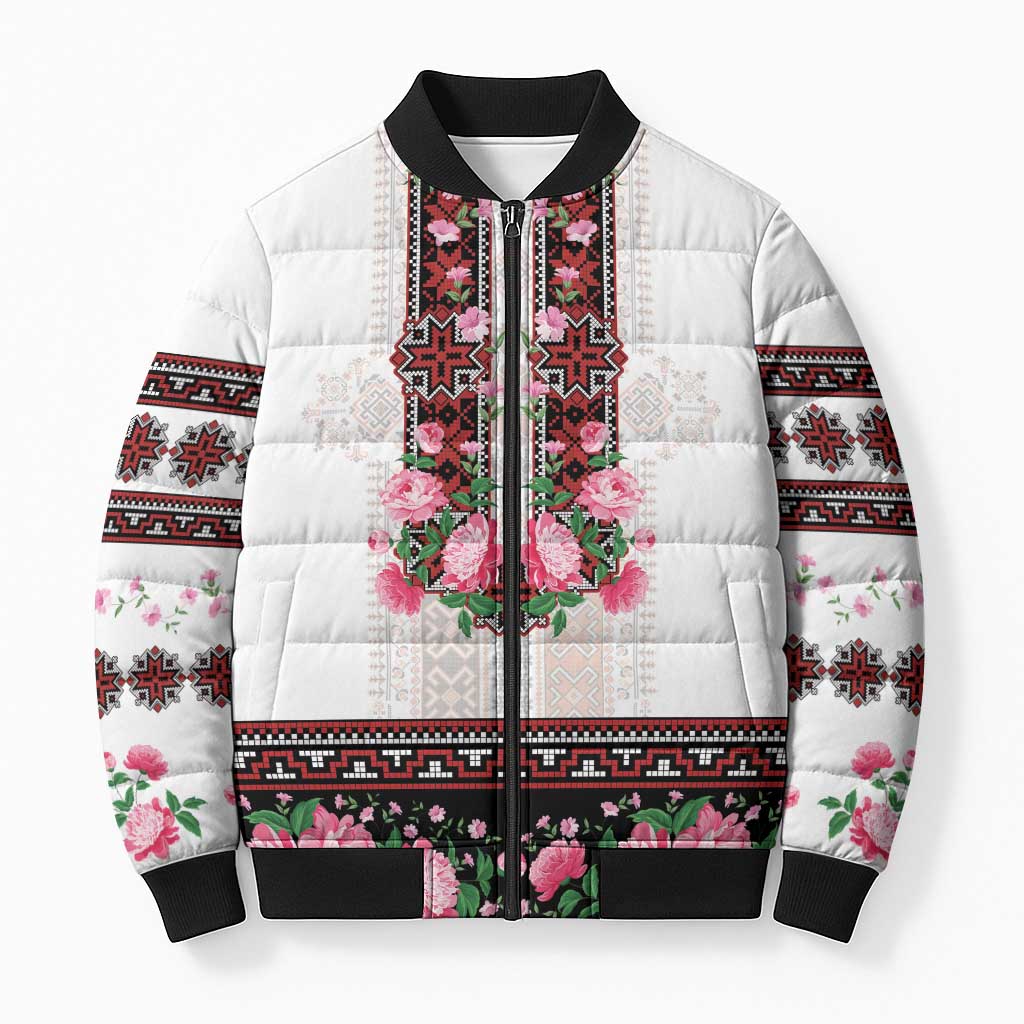Red Romanian National Costume Bomber Puffer Jacket Peony Flowers Traditional Folk Pattern - Wonder Print Shop