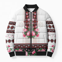 Red Romanian National Costume Bomber Puffer Jacket Peony Flowers Traditional Folk Pattern - Wonder Print Shop