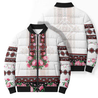 Red Romanian National Costume Bomber Puffer Jacket Peony Flowers Traditional Folk Pattern - Wonder Print Shop