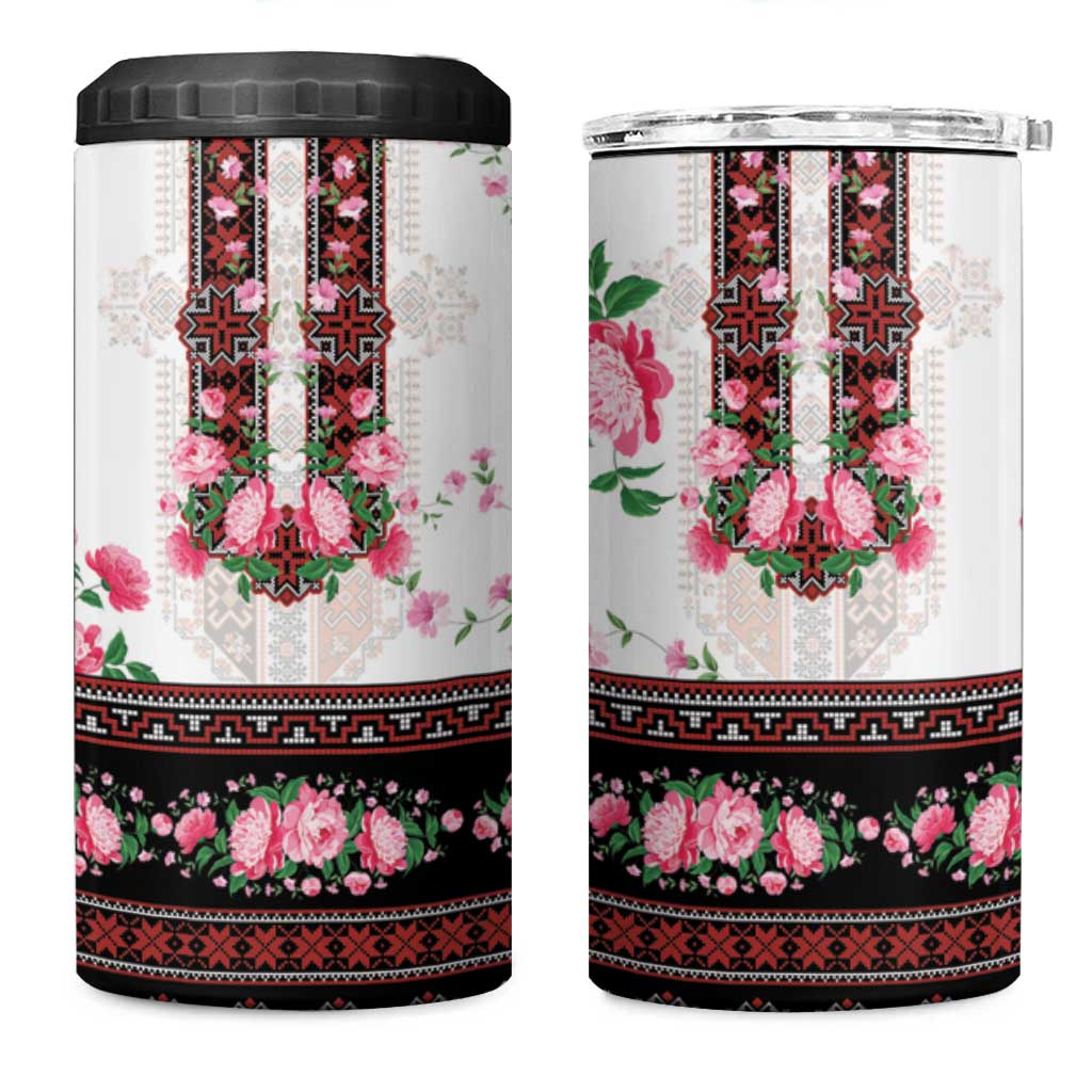 Red Romanian National Costume 4 in 1 Can Cooler Tumbler Peony Flowers Traditional Folk Pattern - Wonder Print Shop