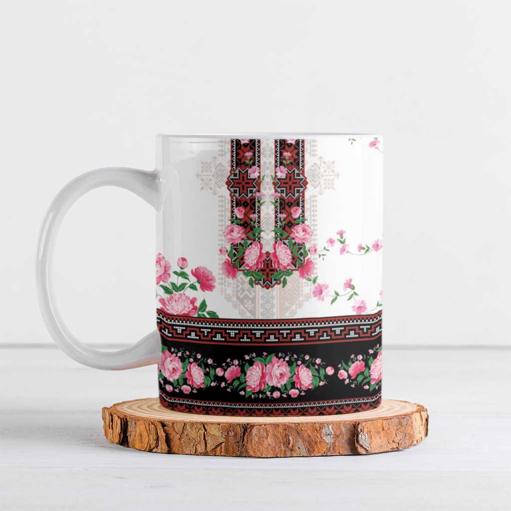 Red Romanian National Costume Ceramic Mug Peony Flowers Traditional Folk Pattern - Wonder Print Shop