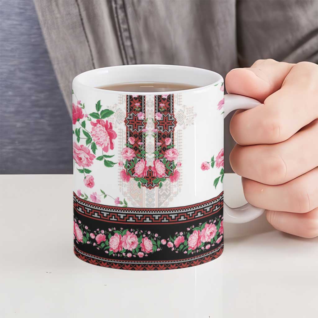 Red Romanian National Costume Ceramic Mug Peony Flowers Traditional Folk Pattern - Wonder Print Shop
