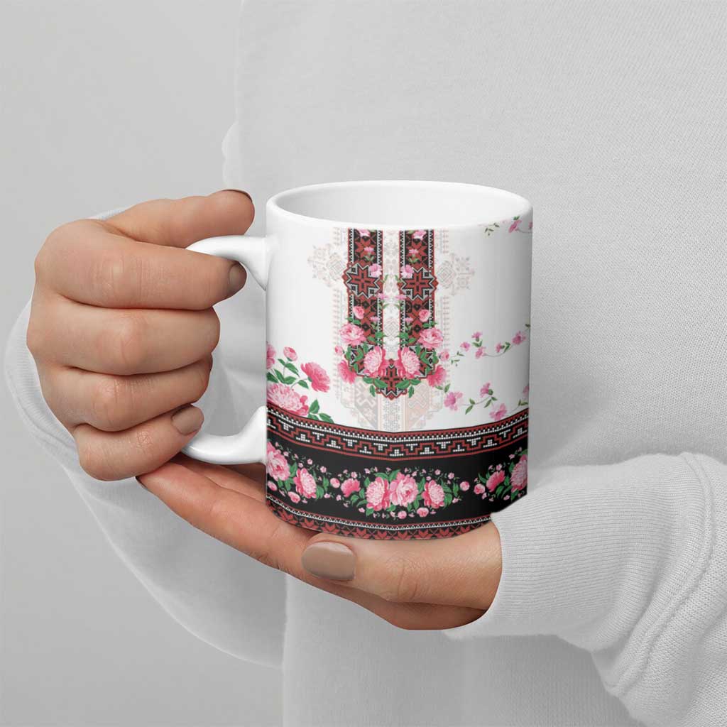 Red Romanian National Costume Ceramic Mug Peony Flowers Traditional Folk Pattern - Wonder Print Shop