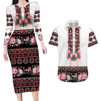 Red Romanian National Costume Couples Matching Long Sleeve Bodycon Dress and Hawaiian Shirt Peony Flowers Traditional Folk Pattern - Wonder Print Shop