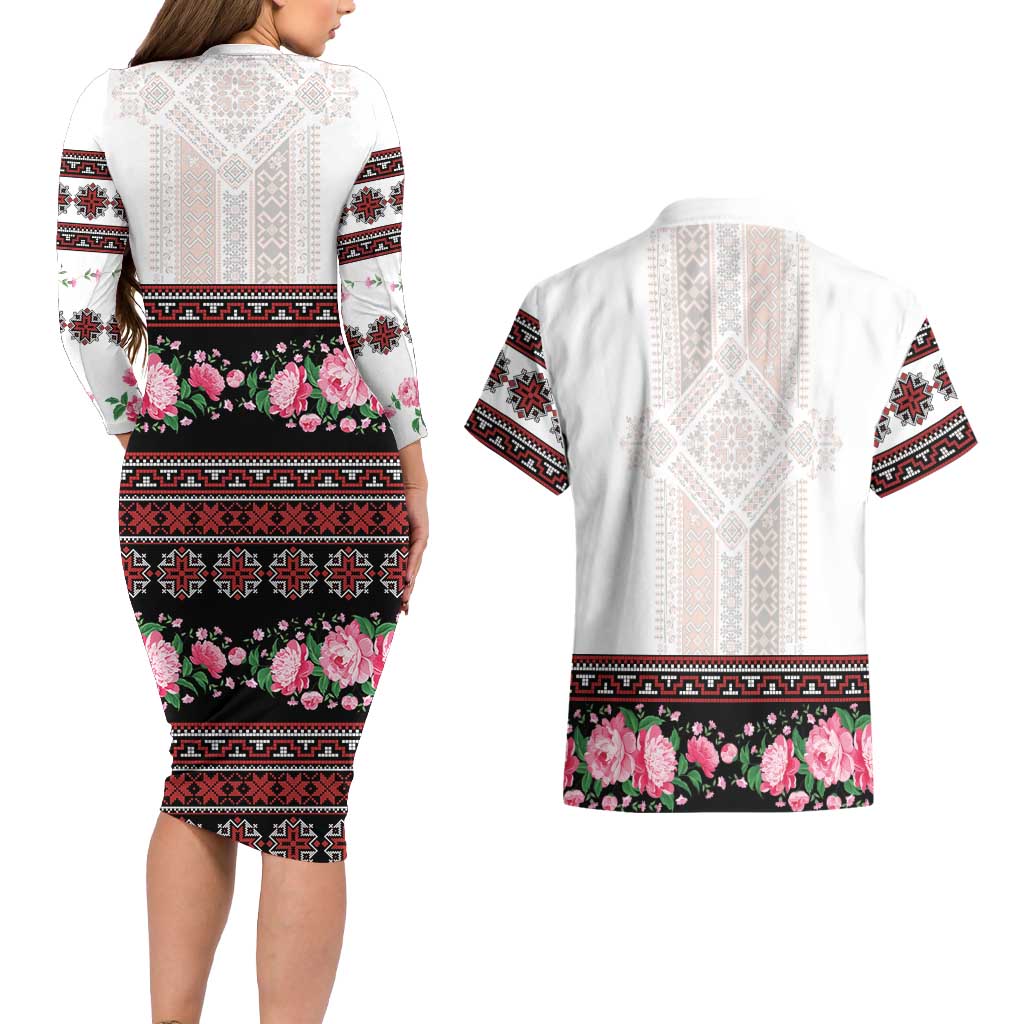 Red Romanian National Costume Couples Matching Long Sleeve Bodycon Dress and Hawaiian Shirt Peony Flowers Traditional Folk Pattern - Wonder Print Shop