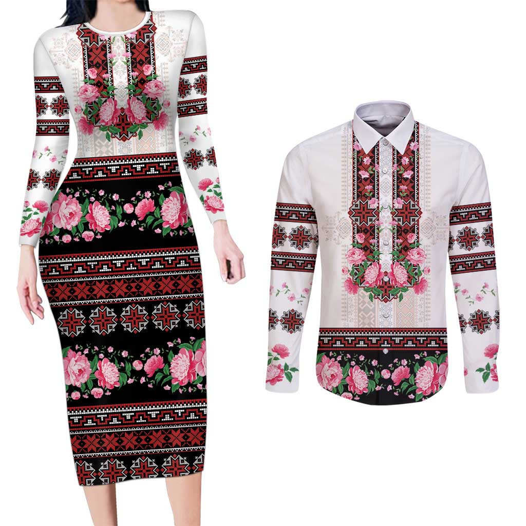 Red Romanian National Costume Couples Matching Long Sleeve Bodycon Dress and Long Sleeve Button Shirt Peony Flowers Traditional Folk Pattern - Wonder Print Shop