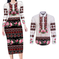 Red Romanian National Costume Couples Matching Long Sleeve Bodycon Dress and Long Sleeve Button Shirt Peony Flowers Traditional Folk Pattern - Wonder Print Shop