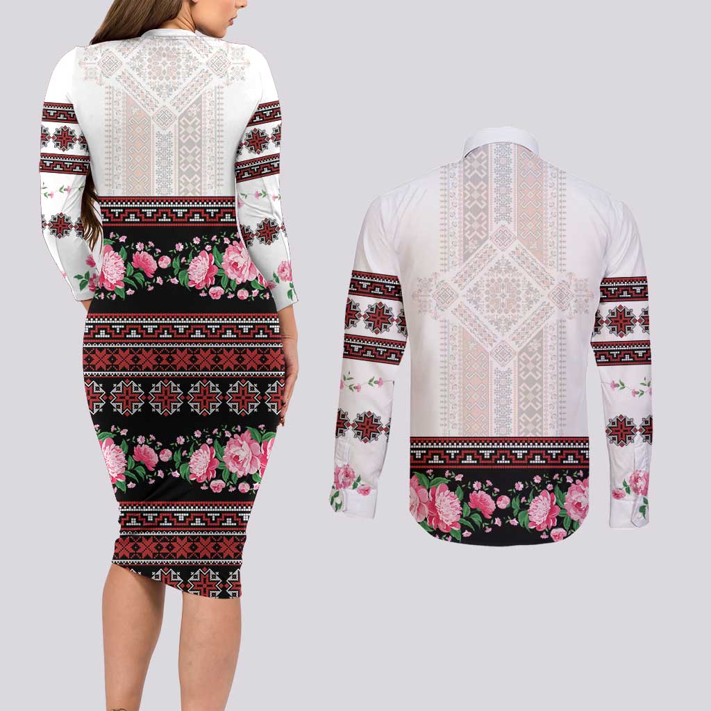 Red Romanian National Costume Couples Matching Long Sleeve Bodycon Dress and Long Sleeve Button Shirt Peony Flowers Traditional Folk Pattern - Wonder Print Shop
