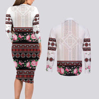 Red Romanian National Costume Couples Matching Long Sleeve Bodycon Dress and Long Sleeve Button Shirt Peony Flowers Traditional Folk Pattern - Wonder Print Shop