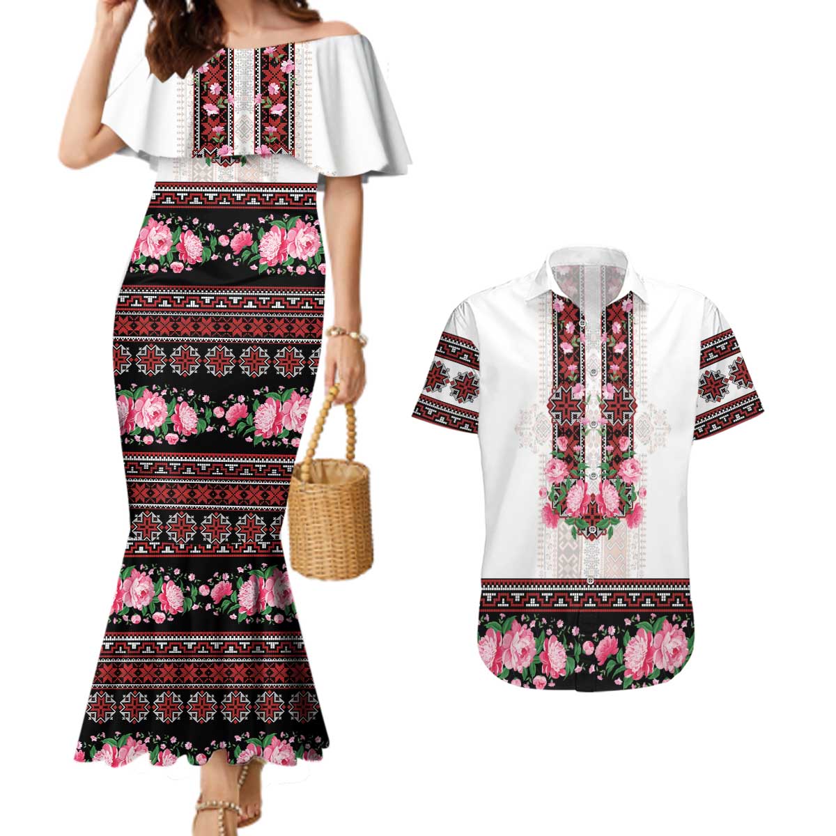 Red Romanian National Costume Couples Matching Mermaid Dress and Hawaiian Shirt Peony Flowers Traditional Folk Pattern - Wonder Print Shop