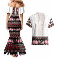 Red Romanian National Costume Couples Matching Mermaid Dress and Hawaiian Shirt Peony Flowers Traditional Folk Pattern - Wonder Print Shop