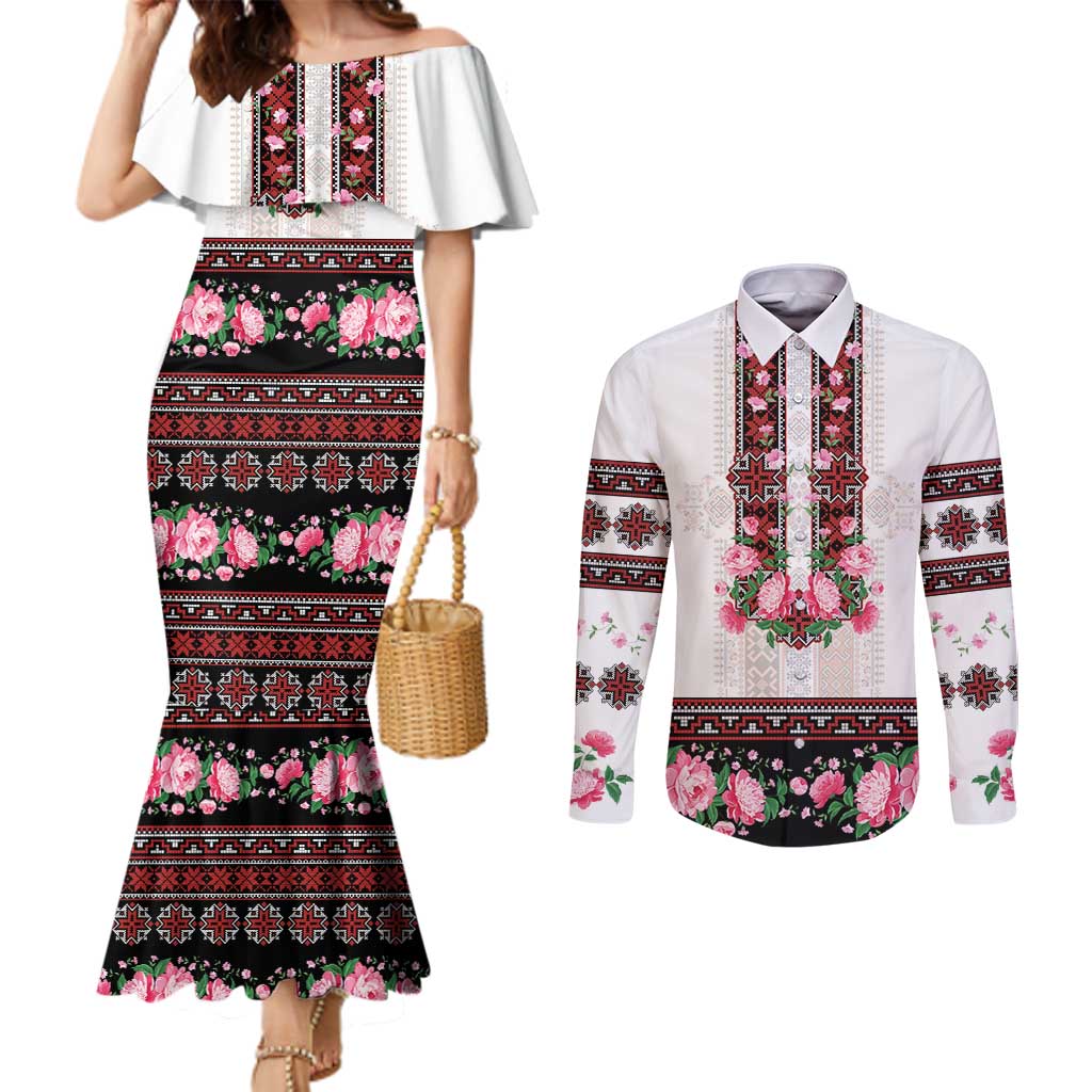 Red Romanian National Costume Couples Matching Mermaid Dress and Long Sleeve Button Shirt Peony Flowers Traditional Folk Pattern - Wonder Print Shop
