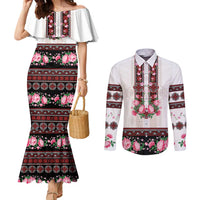 Red Romanian National Costume Couples Matching Mermaid Dress and Long Sleeve Button Shirt Peony Flowers Traditional Folk Pattern - Wonder Print Shop