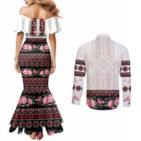 Red Romanian National Costume Couples Matching Mermaid Dress and Long Sleeve Button Shirt Peony Flowers Traditional Folk Pattern - Wonder Print Shop
