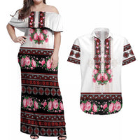 Red Romanian National Costume Couples Matching Off Shoulder Maxi Dress and Hawaiian Shirt Peony Flowers Traditional Folk Pattern - Wonder Print Shop