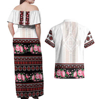 Red Romanian National Costume Couples Matching Off Shoulder Maxi Dress and Hawaiian Shirt Peony Flowers Traditional Folk Pattern - Wonder Print Shop