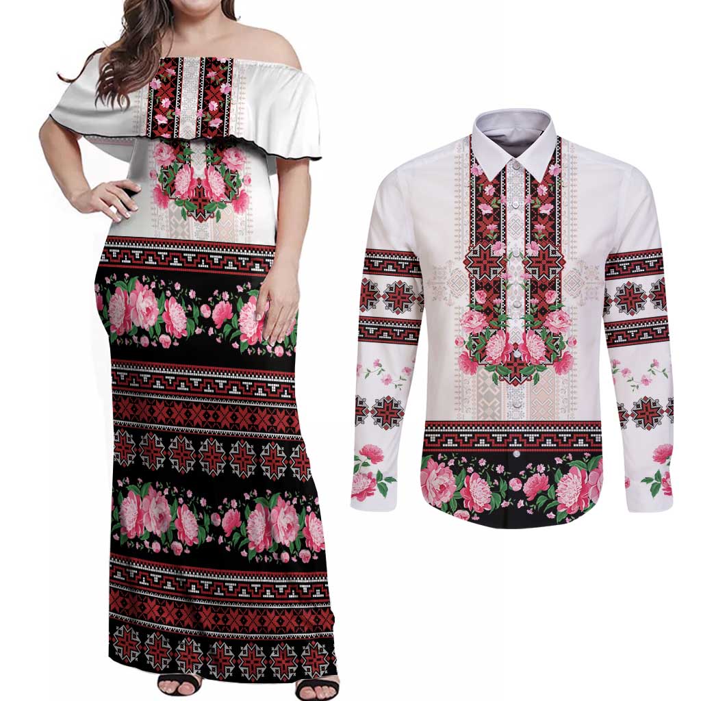 Red Romanian National Costume Couples Matching Off Shoulder Maxi Dress and Long Sleeve Button Shirt Peony Flowers Traditional Folk Pattern - Wonder Print Shop