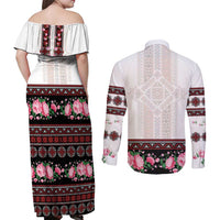 Red Romanian National Costume Couples Matching Off Shoulder Maxi Dress and Long Sleeve Button Shirt Peony Flowers Traditional Folk Pattern - Wonder Print Shop