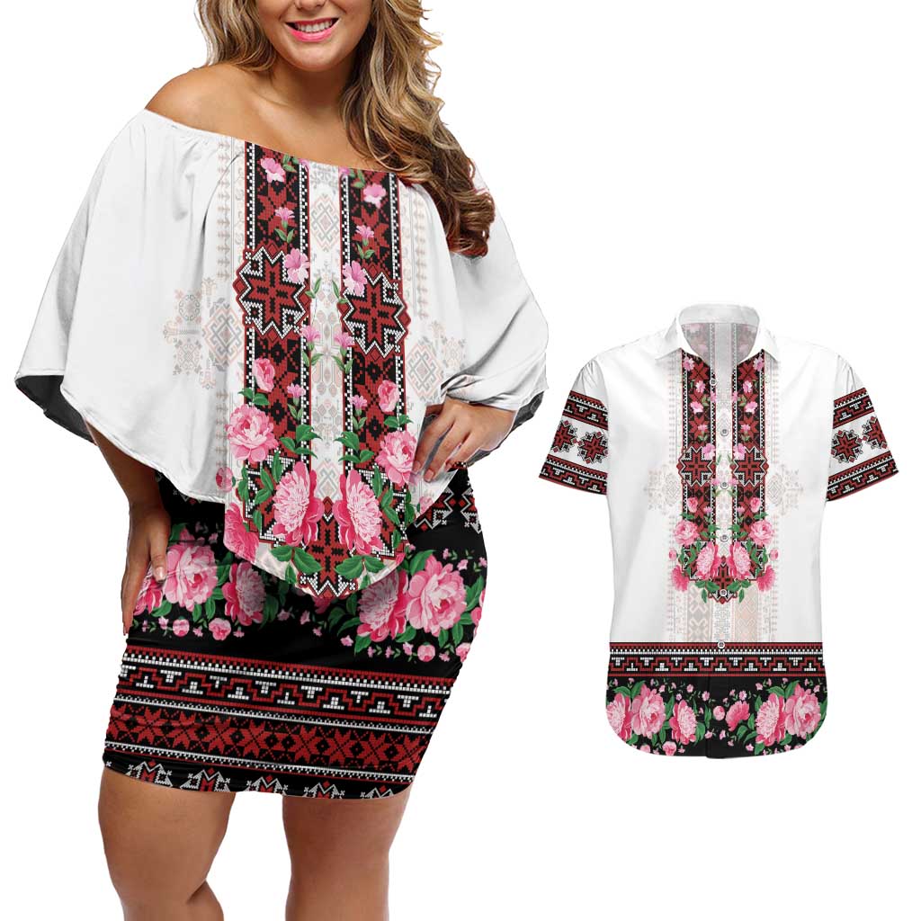 Red Romanian National Costume Couples Matching Off Shoulder Short Dress and Hawaiian Shirt Peony Flowers Traditional Folk Pattern - Wonder Print Shop