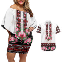 Red Romanian National Costume Couples Matching Off Shoulder Short Dress and Hawaiian Shirt Peony Flowers Traditional Folk Pattern - Wonder Print Shop
