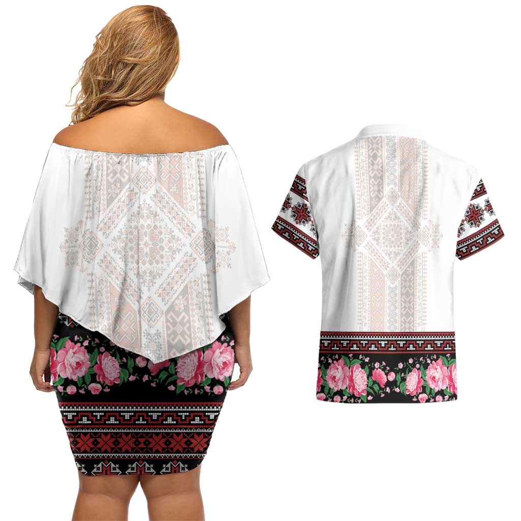 Red Romanian National Costume Couples Matching Off Shoulder Short Dress and Hawaiian Shirt Peony Flowers Traditional Folk Pattern - Wonder Print Shop