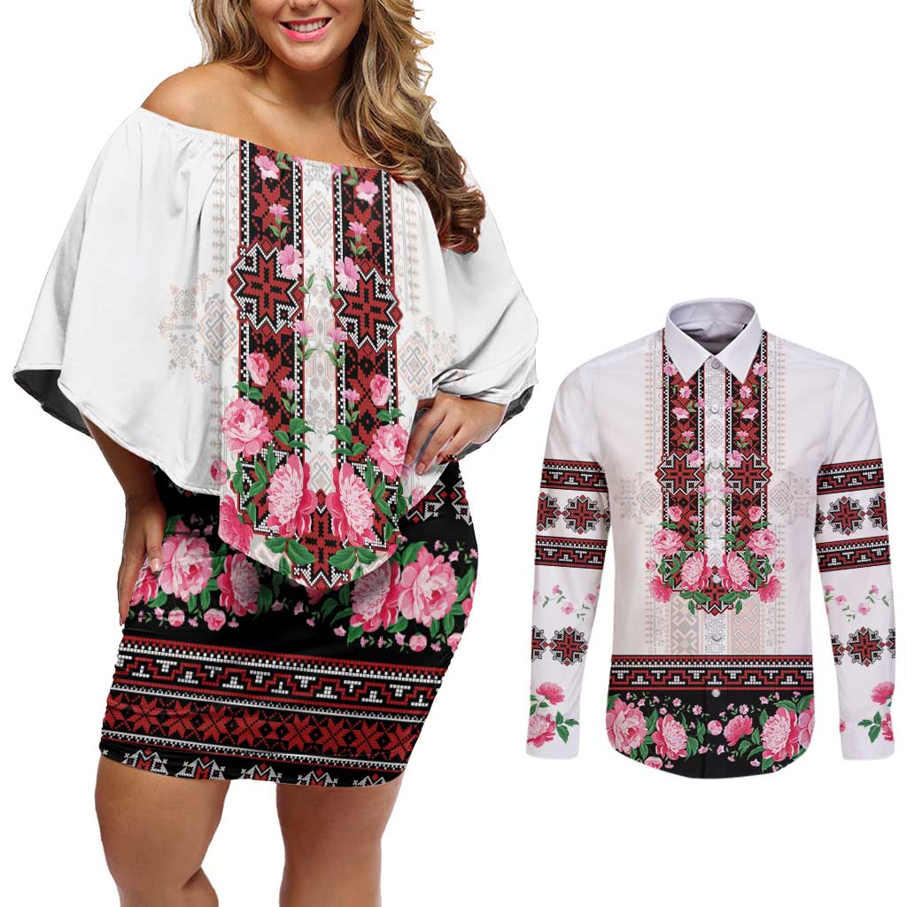 Red Romanian National Costume Couples Matching Off Shoulder Short Dress and Long Sleeve Button Shirt Peony Flowers Traditional Folk Pattern - Wonder Print Shop