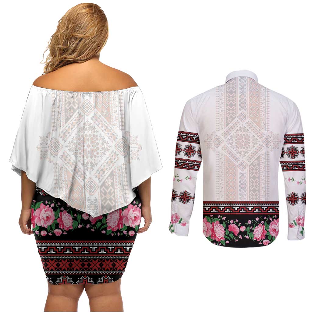 Red Romanian National Costume Couples Matching Off Shoulder Short Dress and Long Sleeve Button Shirt Peony Flowers Traditional Folk Pattern - Wonder Print Shop