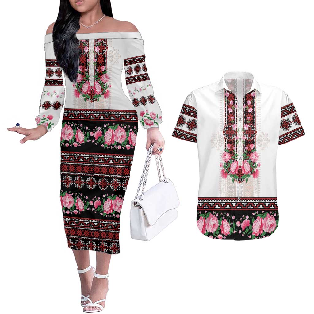 Red Romanian National Costume Couples Matching Off The Shoulder Long Sleeve Dress and Hawaiian Shirt Peony Flowers Traditional Folk Pattern - Wonder Print Shop