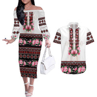 Red Romanian National Costume Couples Matching Off The Shoulder Long Sleeve Dress and Hawaiian Shirt Peony Flowers Traditional Folk Pattern - Wonder Print Shop