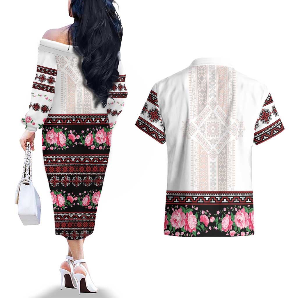 Red Romanian National Costume Couples Matching Off The Shoulder Long Sleeve Dress and Hawaiian Shirt Peony Flowers Traditional Folk Pattern - Wonder Print Shop