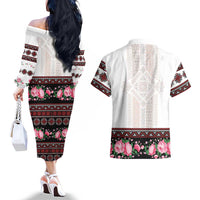 Red Romanian National Costume Couples Matching Off The Shoulder Long Sleeve Dress and Hawaiian Shirt Peony Flowers Traditional Folk Pattern - Wonder Print Shop