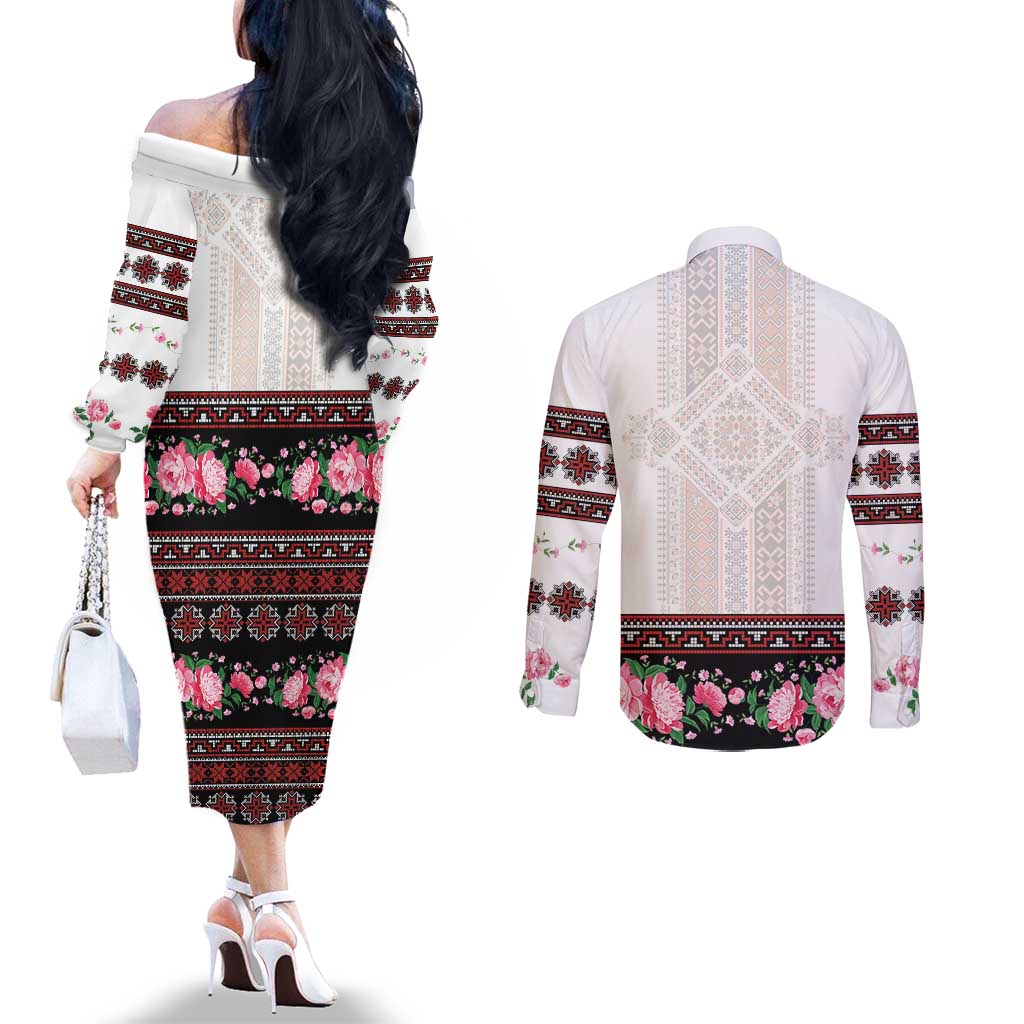Red Romanian National Costume Couples Matching Off The Shoulder Long Sleeve Dress and Long Sleeve Button Shirt Peony Flowers Traditional Folk Pattern - Wonder Print Shop