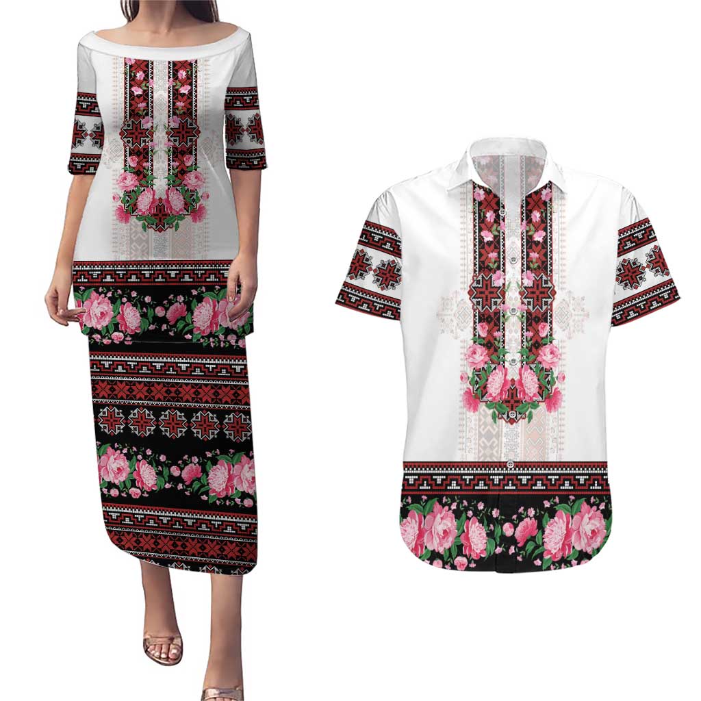 Red Romanian National Costume Couples Matching Puletasi and Hawaiian Shirt Peony Flowers Traditional Folk Pattern - Wonder Print Shop