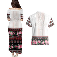 Red Romanian National Costume Couples Matching Puletasi and Hawaiian Shirt Peony Flowers Traditional Folk Pattern - Wonder Print Shop