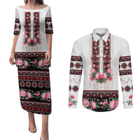 Red Romanian National Costume Couples Matching Puletasi and Long Sleeve Button Shirt Peony Flowers Traditional Folk Pattern - Wonder Print Shop