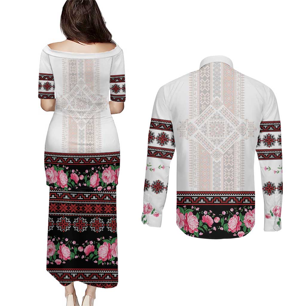 Red Romanian National Costume Couples Matching Puletasi and Long Sleeve Button Shirt Peony Flowers Traditional Folk Pattern - Wonder Print Shop